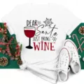 Christmas graphic white cotton T-shirt featuring dear santa bring wine print, casual top. - S / Tops / White Christmas Print (BT8368)