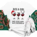 Christmas wine lover graphic t-shirt for women, casual short sleeve white tee top. - S / Tops / White Girl Loves Wine (BT8369)