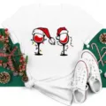 Christmas wine glass print short sleeve white t-shirt for women holiday casual top. - S / Tops / White Christmas Wine Glass (BT8361)