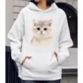 Dames witte hoodie met schattige kattenprint, casual langewegde hooded trui voor dagelijks. - S / Tops / Schattige Blauw-Gouden Korthaar