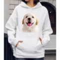 Casual witte hoodie met schattige golden retriever puppy print, comfortabele lange mouwen. - S / Tops / Schattige Golden Retriever