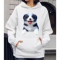 Casual witte capuchontrui met lange mouwen en een schattige puppy-grafische print. - S / Tops / Schattige Border Collie