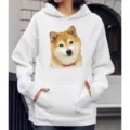 Witte hoodie met lange mouwen en schattige Shiba Inu hond grafische print, casual pullover. - S / Tops / Lachende Shiba Inu