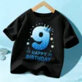 Camiseta De Niños Negra Número 9 Cumpleaños Manga Corta Top De Fiesta Para Niños Y Niñas - 9 Años