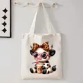 Leuke cartoon koe print canvas tas, casual schoudertas voor dagelijks gebruik en winkelen. - Cartoon Koe Koffie Stijl (9102) / 35cmx45cm