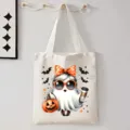 Halloween canvas shopper tas herbruikbare boodschappentas met schattige spookprint - Geest Pompoen Vleermuis Mix Stijl (9112) / 35cmx45cm