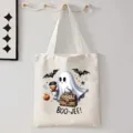 Leuke Halloween geest canvas tote bag, casual schouder boodschappentas voor dagelijks reizen en studenten. - Geest die Luipaard Tas Vasthoudt Stijl (9114) / 35cmx45cm