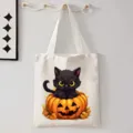 Halloween canvas shopper, schattige zwarte kat pompoen print, casual schoudertas voor dagelijks gebruik. - Zwarte Kat en Pompoen Illustratie Stijl (9116) / 35cmx45cm