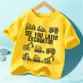 Kids cartoon excavator print short sleeve t-shirt children cotton yellow top tee - Tops / Yellow / 110cm