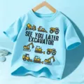 Kids short sleeve t-shirt, light blue combed cotton tee with cute excavator print, casual top. - Tops / Sky Blue / 110cm