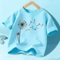 Kids light blue short sleeve t-shirt with colorful heart dandelion print for boys and girls. - Sky Blue