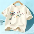 Kids short sleeve t-shirt, beige cotton tee with colorful dandelion heart print for boys and girls. - Apricot