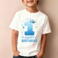 Παιδικό t-shirt γενεθλίων κοντομάνικο λευκό τοπ με μπλε αριθμό ένα σχέδιο κορώνας για πάρτι - 110cm / Tops / Ηλικία 1 (Λευκό)