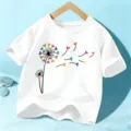 Kids short sleeve t-shirt white dandelion heart print casual summer cotton top for boys girls - 110cm / Tops / White