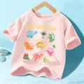 Camiseta de algodón de manga corta para niños con lindo estampado de dinosaurio, verano. - Tops / 110cm / Rosa