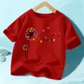 Kids red short sleeve t-shirt with colorful dandelion heart print for boys and girls - 110cm / Tops / Red