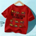 Red kids short sleeve t-shirt, cute excavator print graphic cotton top for boys and girls. - Tops / Red / 110cm
