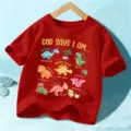 Camiseta roja de manga corta para niños con lindo estampado de dinosaurios y texto. - Tops / 110cm / Rojo