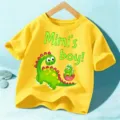 Bright yellow kids short sleeve t-shirt with cute dinosaur print and letter design. - Yellow