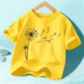Kids yellow short sleeve t-shirt with cute dandelion heart print, comfortable combed cotton fabric for boys and girls. - Yellow