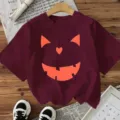 Women Halloween Pumpkin Face Print Short Sleeve T-Shirt Casual Round Neck Holiday Tops - Burgundy