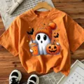 Halloween cute ghost pumpkin graphic orange short sleeve t-shirt casual holiday top - Orange
