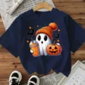 Halloween cute ghost graphic short sleeve t-shirt dark blue casual holiday top for women. - Navy Blue