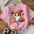 T-shirt grafica simpatico fantasma di Halloween da donna, top festivo rosa casual a maniche corte. - Taglia S / Top / Rosa