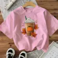 Rosa Kurzarm Halloween Kürbis Kaffee Grafik T-Shirt für Damen, lässiges Herbst-Oberteil. - S / Oberteile / Rosa