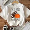 Casual white short sleeve t-shirt with autumn football and pumpkin graphic print for women. - S / Tops / White