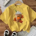 Damen Lässig Herbst Kürbis Kaffee Print Kurzarm Baumwolle T-Shirt Halloween Top - Gelb