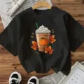 Halloween Kürbis Gewürz Kaffee Print schwarzes Kurzarm T-Shirt Herbst Festival Top. - S / Oberteile / Schwarz