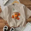 Damen Halloween Kuerbis Latte Grafik Kurzarm T-Shirt Laessiges Beigefarbenes Oberteil - Aprikose