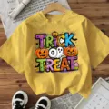 Halloween short sleeve t-shirt for women, casual graphic print tee top, yellow spooky top. - Yellow