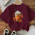 Halloween Kürbis Kaffee Druck Kurzarm T-Shirt, lässiges Herbst Feiertag Top für Damen. - Burgunderrot