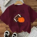 Women Casual Fall Football Short Sleeve T-Shirt Cute Halloween Pumpkin Graphic Tee Top - Burgundy