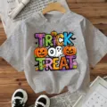 Women Halloween Short Sleeve T-Shirt Casual Round Neck Trick Or Treat Graphic Tee Top - Gray