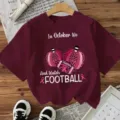 Burgundy short sleeve t-shirt with October football graphic and pink leopard pumpkins for women. - Burgundy