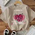 Casual women's short sleeve t-shirt featuring football and October graphic print top. - Apricot
