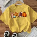 Damen Herbst Halloween Kurzarm T-Shirt Freizeit Rundhals bequemes festliches Damen Top - Gelb