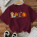 Burgunderrotes Kurzarm-T-Shirt mit herbstlichem Kürbis- und Football-Grafikdesign, Damen Top. - Burgunderrot