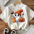 Maglietta casual a maniche corte con stampa grafica di simpatico fantasma di Halloween bianco - Taglia S / Top / Bianco