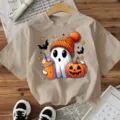 Halloween cute ghost t-shirt women casual short sleeve beige graphic top spooky graphic tee - Apricot