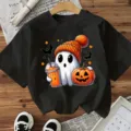 Halloween carino fantasma zucca grafica t-shirt nera a maniche corte top da donna - Taglia S / Top / Nero