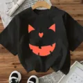 Halloween pumpkin face black t-shirt women short sleeve spooky festival tee tops - S / Tops / Black