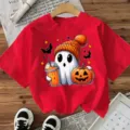 Maglietta grafica rossa di Halloween a maniche corte con simpatico fantasma e zucca. - Taglia S / Top / Rosso