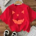 Women's Halloween short sleeve T-shirt with funny pumpkin face print casual holiday top. - S / Tops / Red