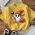 Halloween cute ghost printed yellow short sleeve t-shirt, casual holiday festive top. - Yellow