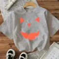 Halloween short sleeve t-shirt for women, cute pumpkin face graphic top casual spooky apparel. - Gray