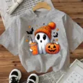 Grey Halloween ghost graphic print short sleeve t-shirt, casual round neck holiday tee top. - Gray